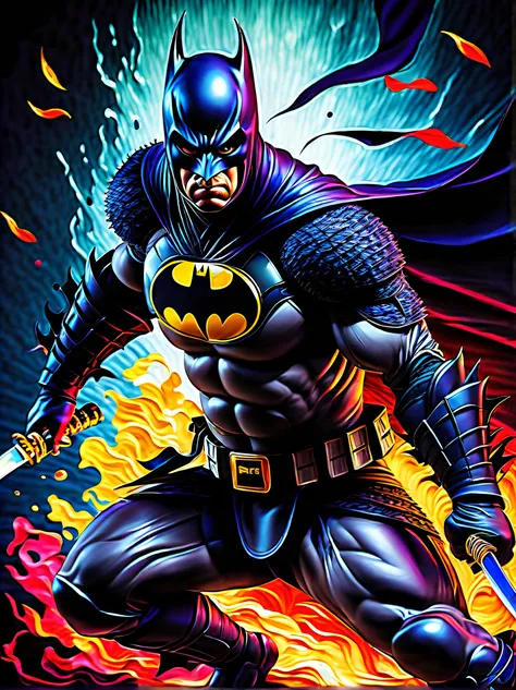 (((ninja batman of intricate detailed oil painting illustration:1.5))), (((thickly coated:1.4))), full body shot, samurai costume, around lots fantasy flame water ball glowing with lighting, ((dark rich colors glow fused fear wish:1.2)), (create ultra qual...