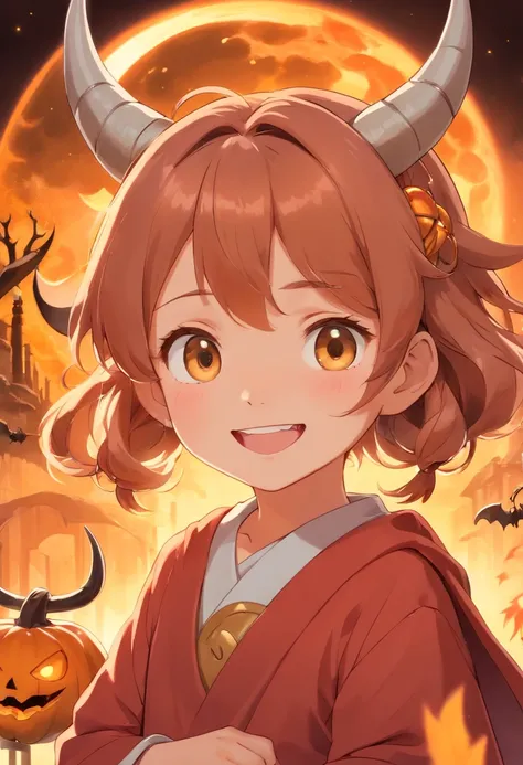 Hikari turned into a child with horns, horned god, Smile and radiant expression.Halloween