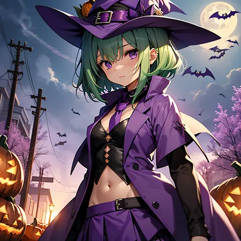 top-quality、extremely delicate and beautiful、(A teenage girl)、Purple Eye、Green hair、short-haired、(purple witch hat)、Purple tie、Tactical Vest、Soio、shortsleeves、Purple skirt、Purple Wizard Robe、Navel、is standing、Facing the front、Holding a pumpkin in one hand、...