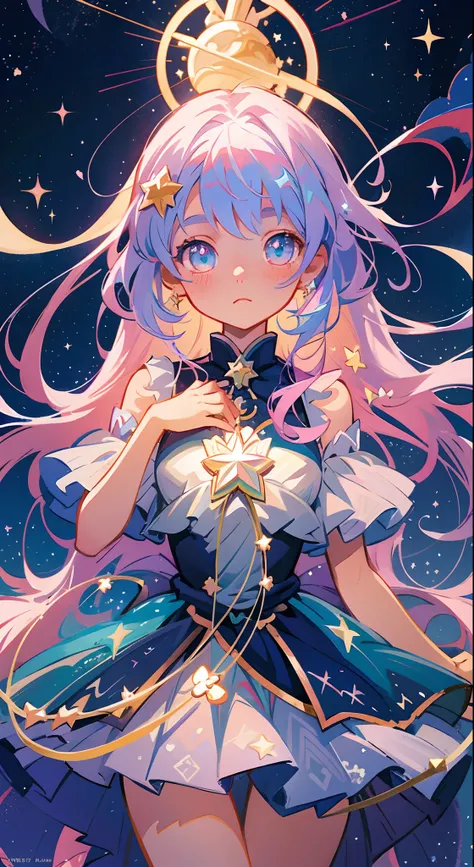 Anime magical girl, star brooch on her chest, sparkling magical girl, portrait of the magical girl, beautiful celestial mage, Detailed key anime art, Trending on ArtStation pixiv, magical little girl, guweiz on pixiv artstation, high detailed official artw...