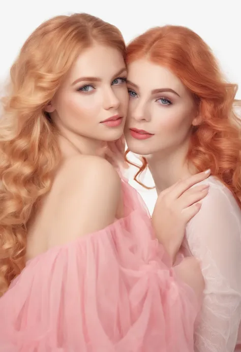 (best quality,highres,ultra-detailed),two attractive late teenage girls, beautiful detailed eyes, beautiful detailed lips, stunning eyes, in bed, white walls, left girl with blonde hair and pink highlights, right girl with vibrant red hair, extremely attra...