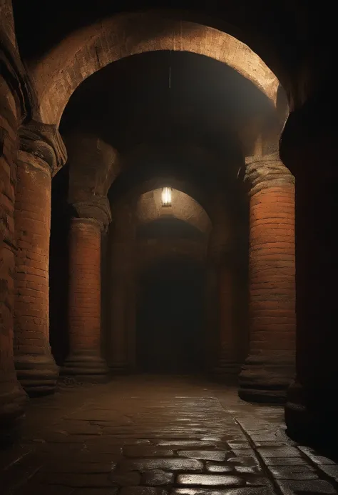 (dark room with pillars, damp and dark place resembling an old sewer chamber for ancient rituals, brick walls)