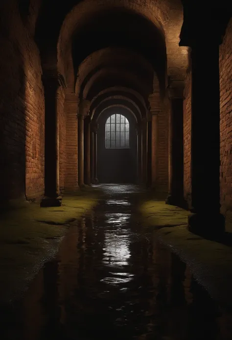 (best quality,highres:1.2),dark hall with pillars, wet and dimly lit, resembling an ancient sewer chamber for ancient rituals, brick walls, gloomy atmosphere, eerie shadows, flickering candlelight, mysterious symbols, damp smell.