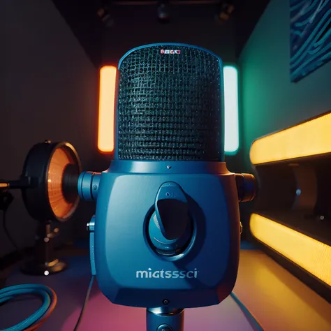 a cartoon-style depiction of a microphone in a podcast setting, with vibrant colors and a playful vibe,(best quality,highres,masterpiece:1.2),ultra-detailed,engaging colors,professional lighting,with sound waves in the background