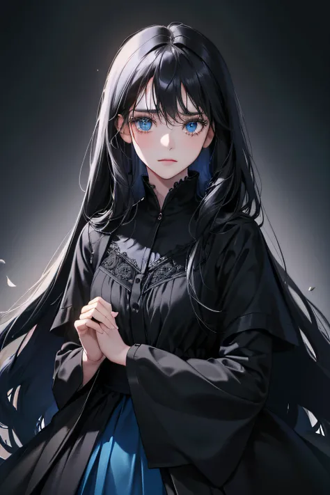 1 girl, high res, long black hair, blue eyes, wearing beautiful and modest black dress, sad and depressed, dark background ultrasharp, 8K, masterpiece, looking at the viewer