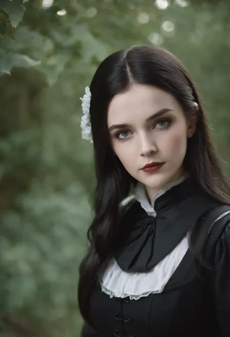 Wednesday Adams , woman around 19 years old,black raven hair, distinctive green eyes, wearing black school uniform, slender and graceful, beautiful, goth, candlelight in a medieval setting, ultra sharp focus, realistic shot, medieval female clothes, tetrad...