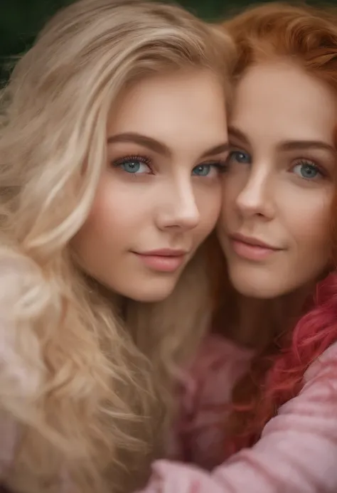 (best quality,highres,ultra-detailed), two attractive late teenage girls, beautiful detailed eyes, beautiful detailed lips, stunning eyes, in bed, white walls, left girl with blonde hair and pink highlights, right girl with vibrant red hair, extremely attr...