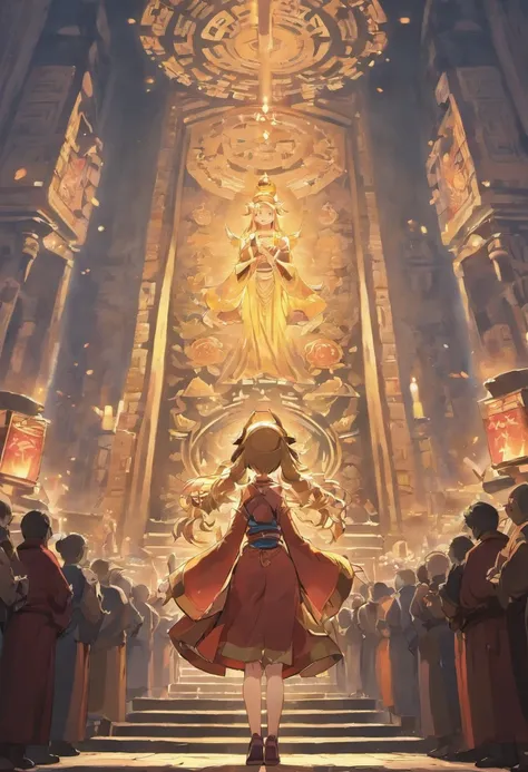 18yo Girl, ancient-style clothing, Plain and black,Back Shadow ,in crowd, In front of the Buddha in the Daxiong Treasure Hall, Worship with piety, Epic lighting, depth of fields, SNES painting