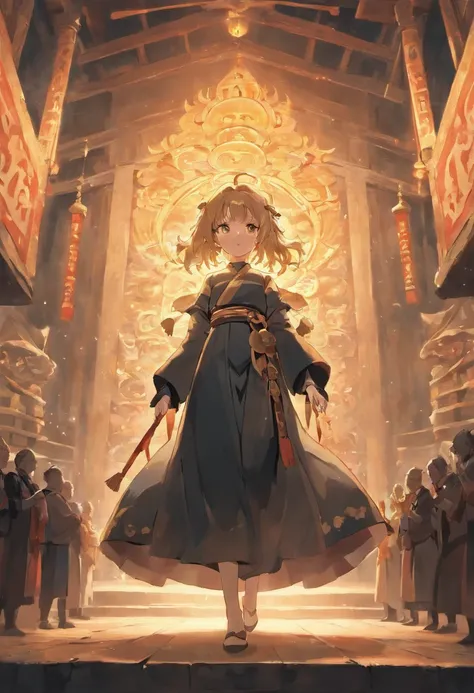 18yo Girl, ancient-style clothing, Plain and black,Back Shadow ,in crowd, In front of the Buddha in the Daxiong Treasure Hall, Worship with piety, Epic lighting, depth of fields, SNES painting