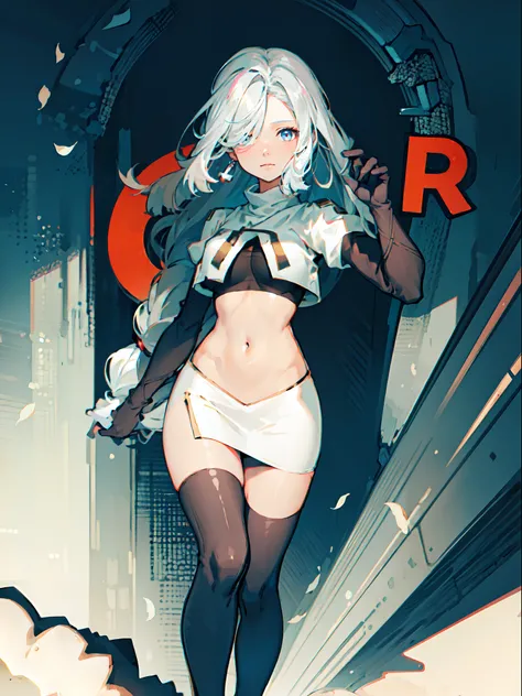 1girl, shenhe (genshin impact), long hair, silver hair, medium breasts, hair over one eye,,1girl,team rocket,team rocket uniform,white skirt,crop top,black thigh-highs,black elbow gloves,