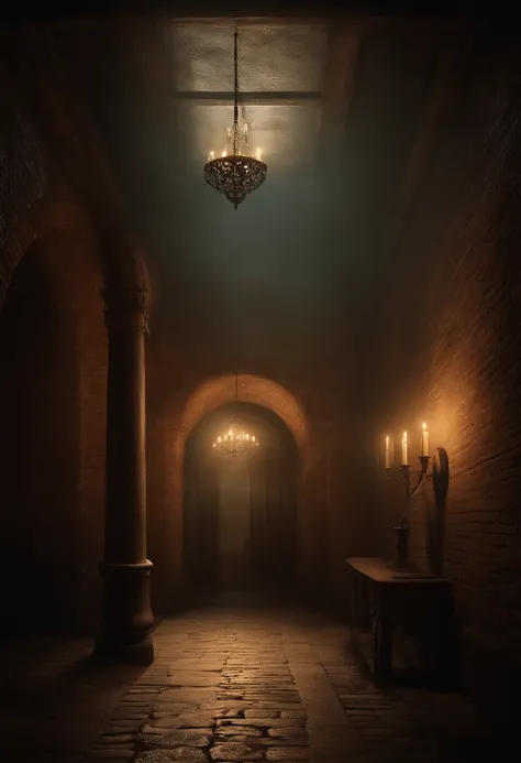 (best quality, highres:1.2), large room with pillars, dark and damp, resembling an old sewer chamber designed for ancient rituals, brick walls, eerie atmosphere, flickering candlelight, mystical aura, mysterious shadows, damp and musty scent, hidden symbol...