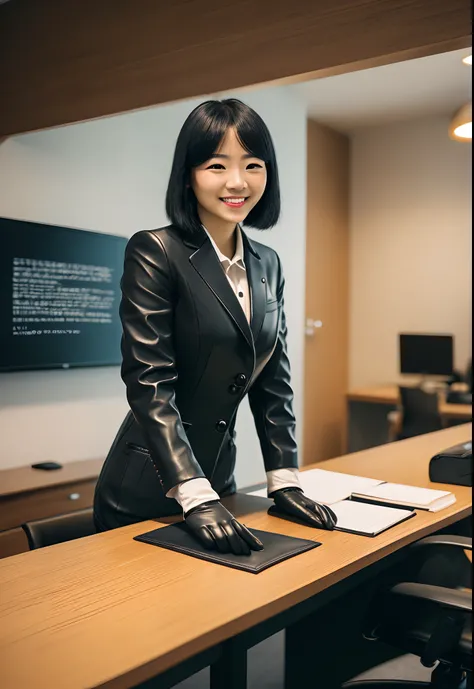 Wearing black leather gloves on both hands, Upper body, Black business suit, Facing a desk in a modern study in the dark, Looking down, Smiling, Using a fountain pen to forge a will, long, Straight black hair, Japan female new employee with young and cute ...