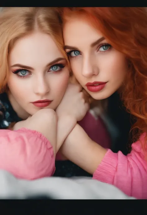 two attractive late teenage girls, beautiful detailed eyes, beautiful detailed lips, stunning eyes, in bed, white walls, left girl with blonde hair and pink highlights, right girl with vibrant red hair, extremely attracted to each other, passionately in lo...