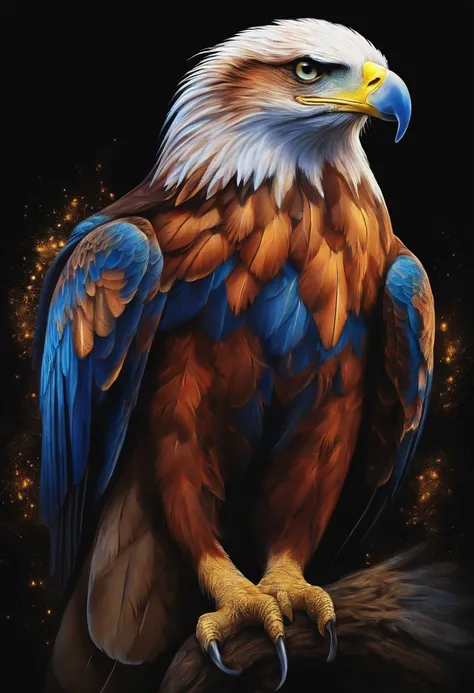 Painted eagle painting on black background,, breath-taking rendering, Within a radiant connection, Inspired by Kinuko Y. nipple process,, Magical elements, Kitten icon, Wow, The are beautiful, casting a multi colorful spell, Bright flash, Flash