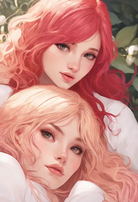 two very close attractive late teenage girls, in bed, white walls, left girl blonde and pink hair, right girl red hair, very attracted to each other, passionate, in love, , seductive, hand crotch