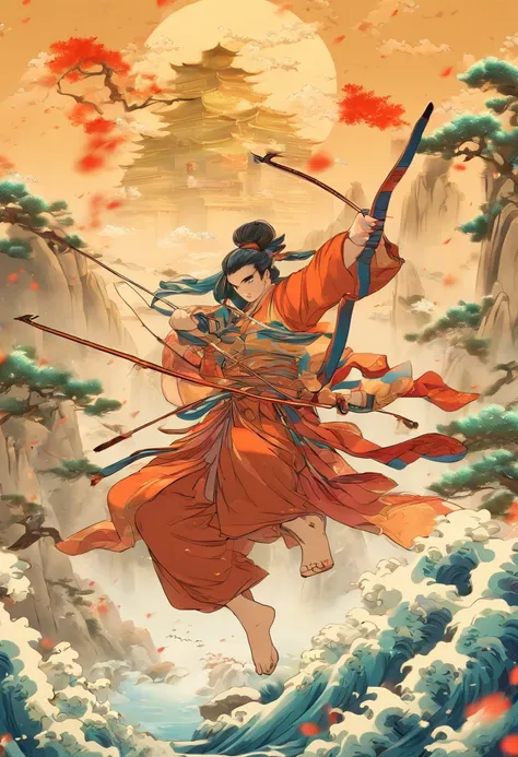 (((Houyi))), Best quality, Ultra-high resolution, 4K detailed CG, ​master piece,Houyi,Man, Chinese bow,bow and arrows,Chinese clothing,Chinese mythology,Sunlight, ((bow and arrows)) ,Chinese painting style,shui mo hua,Thangka style, ukiyoe painting, Aesthe...