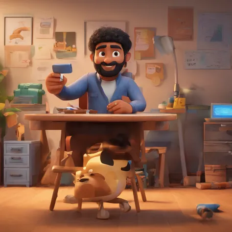 Create a Disney Pixar-inspired poster with the character being an entrepreneur of an advertising agency, Um homem de cabelos pretos, barba preta, camisa preta, Denim Jeans Pants, However in an office chair, com uma perna na mesa e olhando pro celular.