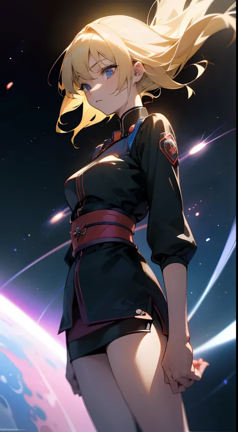 Hiroya Oku, Margaret Tarrant, Surreal, mysterious, strange, fantastical, fantasy, Sci-fi, Japanese anime, miniskirt blonde beautiful girl Alice, perfect body, whisperer in the darkness, cat punch in space, nanotechnology and quantum theory, detailed master...