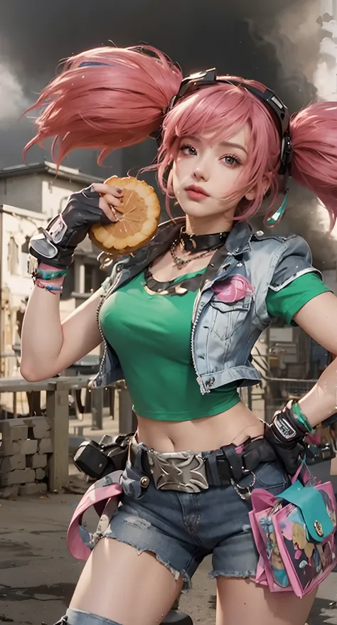 Real life adaption of this character, beauty face,looking to viewer,realistic same pink hair,realistic battlefield background with black smoke, hyper realistic, realistic light, realistic shadow, realism,(photorealistic:1.2), (realistic same outfit),(reali...