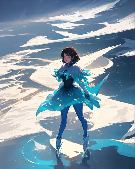 Illustration for a fairy tale about a girl, standing on the ice, who knows how to skate