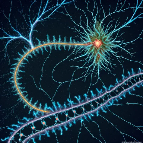 The outline of two neurons that communicate with eachother. Label the soma, dendrites, axon, myelin sheath, terminal buttons, vesicles, synaptic gap, and neurotransmitters in the gap