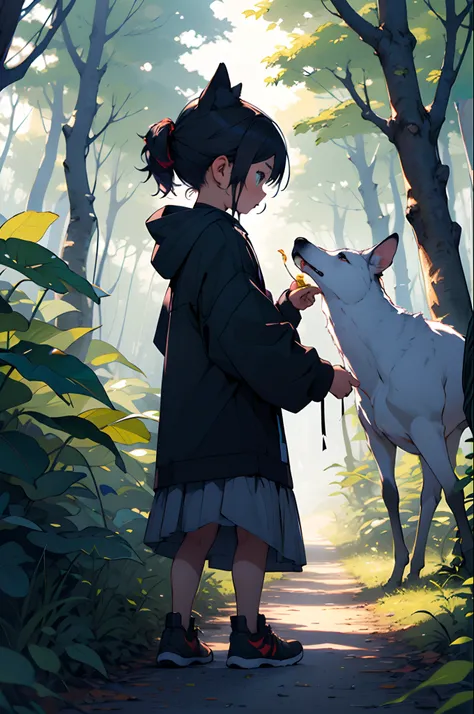 Little girl standing in colorful forest and feeding animals