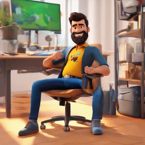 Create a Disney Pixar-inspired poster with the character being an entrepreneur of an advertising agency, um homem de cabelos pretos, barba preta, camisa preta, Denim Jeans Pants, Sitting in an office chair, olhando pro celular.