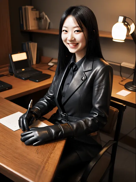 Wearing black leather gloves on both hands, Upper body, Black business suit, Facing a desk in a modern study in the dark, Looking down, Smiling, Using a fountain pen to forge a will, long, Straight black hair, Japan female new employee with young and cute ...