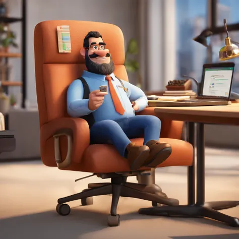 Create a Disney Pixar-inspired poster with the character being an entrepreneur of an advertising agency, um homem de cabelos pretos, barba preta, camisa preta, Denim Jeans Pants, Sitting in an office chair, with a cell phone in hand.