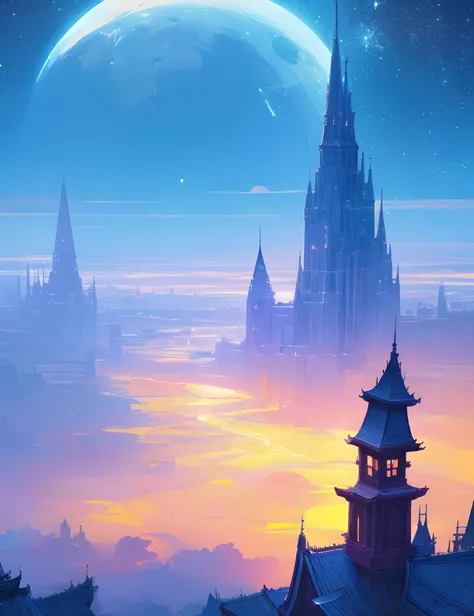 the met、Painting of a river with stars and moon in the sky、the met、Skyscrapers、Concept art inspired by Mitsuoki Tosa、pixiv contest winners、top-quality、Fantasyart、beautiful anime scene、Bright moon、Moonlit star environment、Dream painting、Anime Background Art...