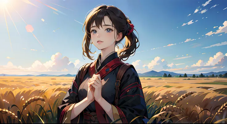 fresh painting style，in the wheat field，girl with，keep hands away from sunlight，bright sky，looking up，anime characters，ultra - d...