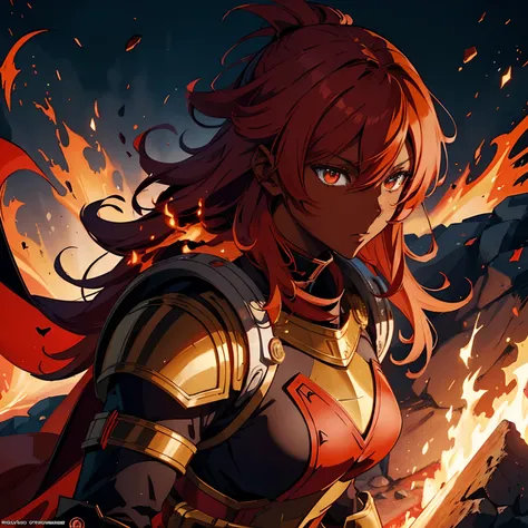 dark skin, red hair, orange dragon eyes, anime character with red cape and black outfit standing in front of a fire, female protagonist, portrait of a female anime hero, badass anime 8 k, , armor girl, advanced digital anime art ”, portrait of female palad...