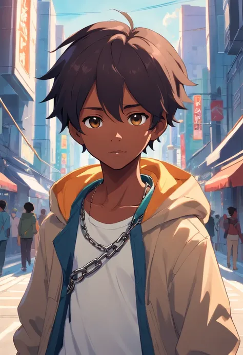 A 14 years old black skinned kid with really stylish and cool adventurer clothes, he has sharp expressions and long draids a d a chain wrapped around his waist