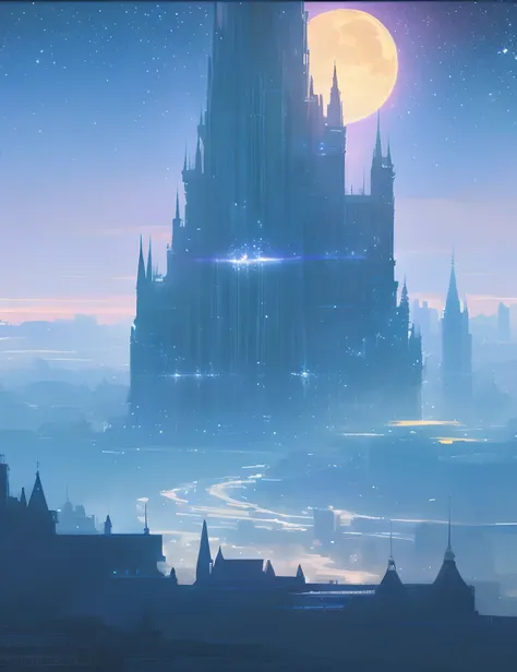 the met、Painting of a river with stars and moon in the sky、the met、Skyscrapers、Concept art inspired by Mitsuoki Tosa、pixiv contest winners、top-quality、Fantasyart、beautiful anime scene、Bright moon、Moonlit star environment、Dream painting、Anime Background Art...