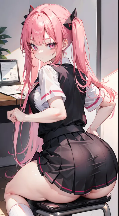 Chic ass, (Grab the ass:1.6), sitting on chair in front of desk, Check out us, Pink G string, Detailed thick G-line, (Long socks), double tails, Black and red high school girls uniform, crass room, Check out us, Soft smile, Skirt, Random hair color, Smug f...