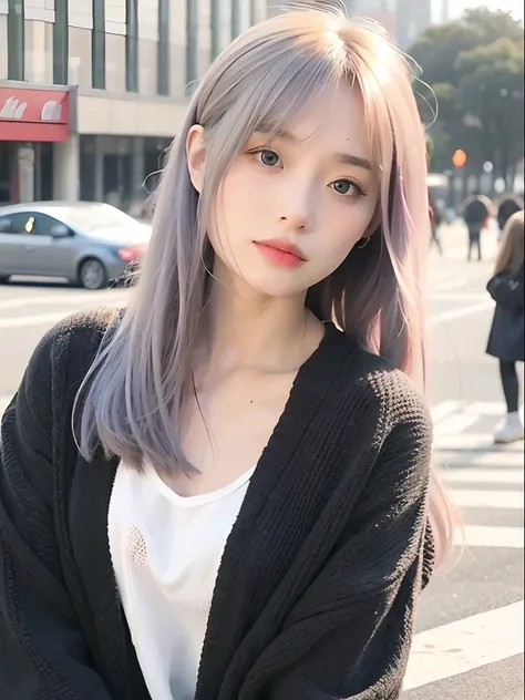 mix4,(top-quality), (Photorealsitic),(City Background:1.2), 1womanl, The upper part of the body, High Detail Face,, (Silver hair)、 (8K)、（Long bangs:1.5）、(medium-Long hair:1.6)、Strong eyes、Delicate and realistic skin and hair、（cowboy  shot:1.5）、Oversized Sp...