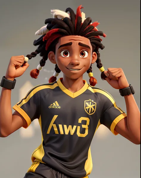 Create image playing soccer of a young man with dark skin, dreadlock-style hair with red tips, thin physique and yellow and black soccer uniform.