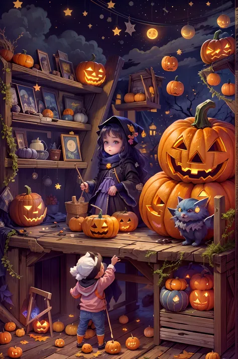 (tmasterpiece),（ultra - detailed：1.3），best qualtiy，（glittery:1.2），（dreamworld:1.4），(Van Gogh-style Halloween: 1.5),（The moon is empty），Delicious sweets，A child dressed as a wizard，Pumpkin monsters，mummy，super heroes, and other decorations, Fantasy world, C...