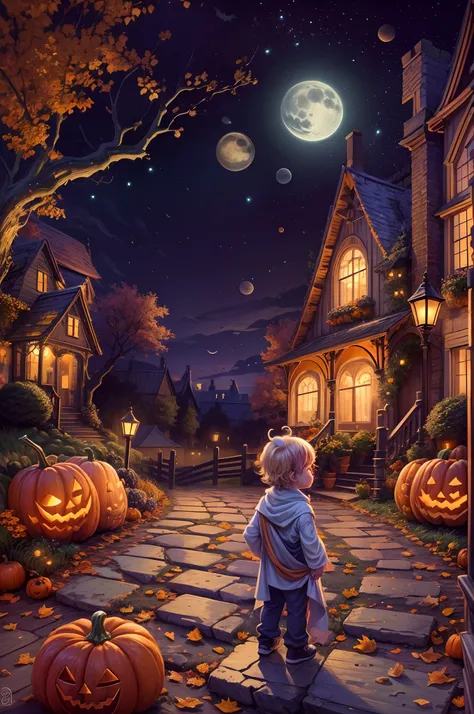 (tmasterpiece),（ultra - detailed：1.3），best qualtiy，（glittery:1.2），（dreamworld:1.4），(Van Gogh-style Halloween: 1.5),（The moon is empty），Delicious sweets，A child dressed as a wizard，Pumpkin monsters，mummy，super heroes, and other decorations, Fantasy world, C...