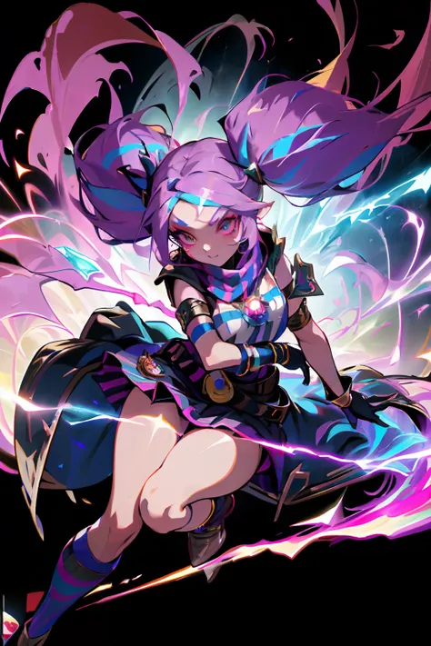 league of legend female character, hyper league of legend art style, void magic student, ((cloak, mini skirt, badge, hand glove, belt, armlet, scarf)), ((colorful twintails, colorful pupil, stripe make up, perfect body shape)), (evil aura, vine effect), (m...