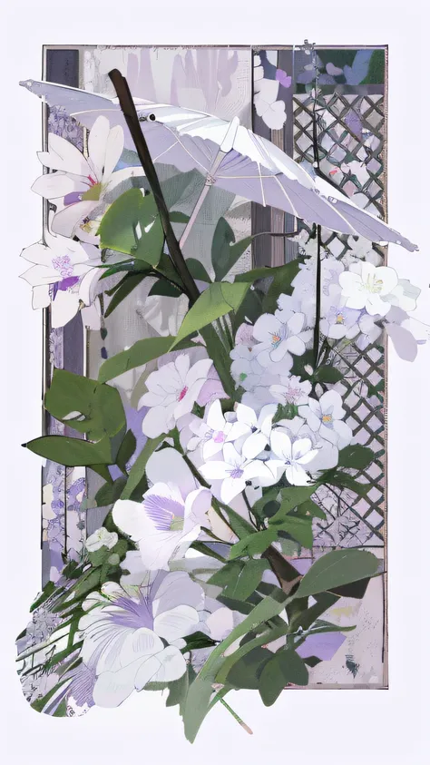 there is a picture of a white umbrella and some purple flowers, anna nikonova, masha krasnova, svetlana belyaeva, sergey krasovskiy, ilya kushinov, marat zakirov, ikebana white flowers, surreal waiizi flowers, by Anna Füssli, hajime isayama