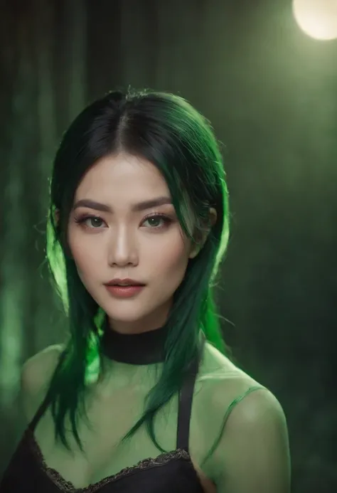 (high quality,realistic:1.2),alien,green skin,dark green hair,sharp fangs,asian eyes,turtleneck attire,strong physique,glowing patterns,dimly lit background