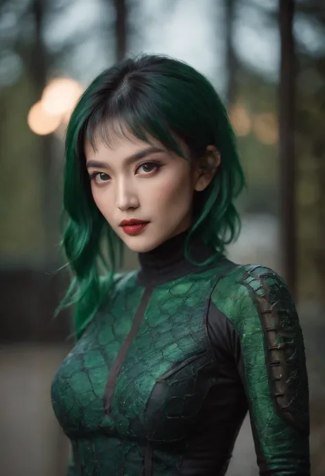 (high quality,realistic:1.2),alien,green skin,dark green hair,sharp fangs,asian eyes,turtleneck attire,strong physique,glowing patterns,dimly lit background