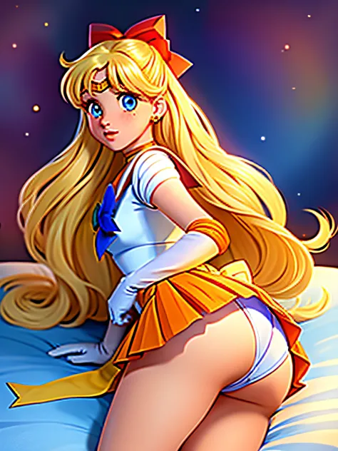 masterpiece, best quality, high resolution, venus1, 1 girl, solo, sailor senshi uniform, sailor venus, aino minako, blonde hair, magical girl, blue eyes, orange skirt, elbow-length gloves, tiara, pleated skirt, bow for hair, orange sailor necklace, miniski...