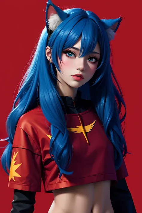 una mujer de pelo azul y orejas de gato con una camisa roja, Retrato Anime Space Cadet Girl, Estilo realista de anime 3D, Anime style. 8k, Artgerm y Atey Ghailan, Estilo anime 4K, Anime estilo 3D, realistic anime artstyle, Estilo de realismo de anime, Insp...