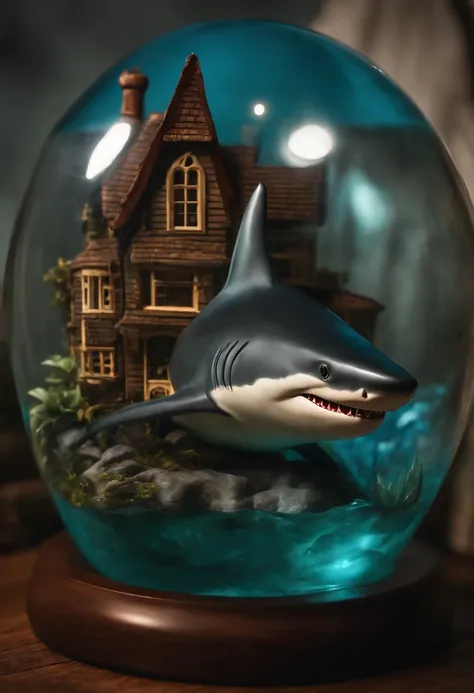 a haunted house , contain within a sphere glass bottle, Anthropomorphic a half body shark in a candid pose wearing shark clothes.