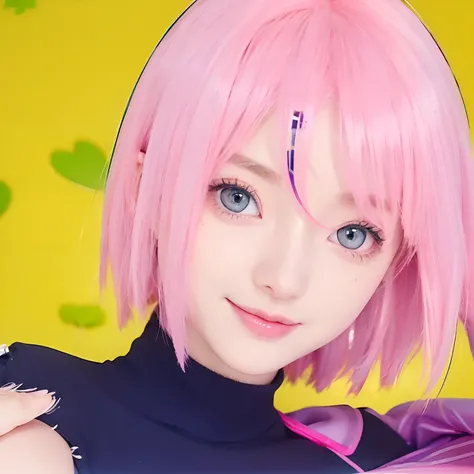 A Sakura Haruno girl, realistic pink hair, realistic bright green eyes, realistic Korean beautiful face, realistic sweet smiling expression, adapted clothes exactly the same, realistic torn sleeves,realistic light, realistic shadows, realistic background