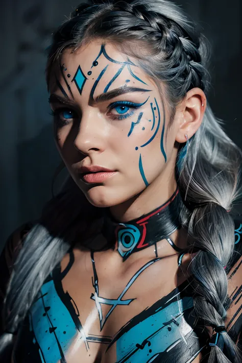 (best quality:1.1),(comics style:1.1),(artwork:1.1),(style of barry mcgee:1.1),(lineart:1.4),a girl,bold contours,bold outlines,fierce face,determined eyes,silver hair,intricate facepaint,fur,blue lighting,(singing:1.2),braided hair,(detailed facepaint:1.1...