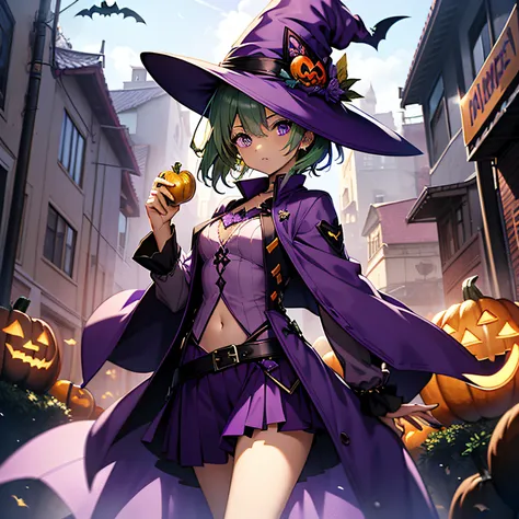 top-quality、extremely delicate and beautiful、(A teenage girl)、Purple Eye、Green hair、short-haired、(purple witch hat)、Purple tie、Tactical Vest、Soio、shortsleeves、Purple skirt、Purple Wizard Robe、Navel、is standing、Facing the front、Holding a pumpkin in one hand、...