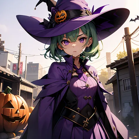 top-quality、extremely delicate and beautiful、(A teenage girl)、Purple Eye、Green hair、short-haired、(purple witch hat)、Purple tie、Tactical Vest、Soio、shortsleeves、Purple skirt、Purple Wizard Robe、Navel、is standing、Facing the front、Holding a pumpkin in one hand、...